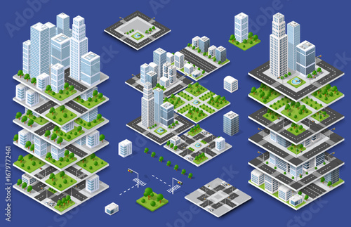 Urban modular isometric city constructor elements creating futuristic layered metropolis