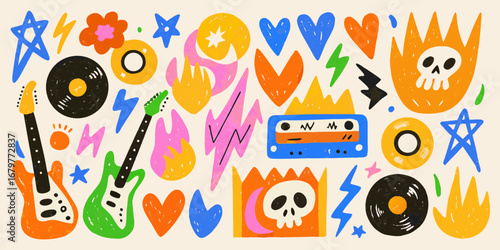 Vibrant rock and roll collage featuring guitars records skulls and lightning bolts