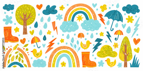 Whimsical spring rain illustration with rainbows rubber boots chicks and umbrellas