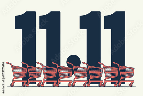 Illustration of shopping carts lined up under large number eleven symbols for sales promotion event