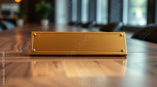 Rectangular gold nameplate resting on wood table at work, waiting for personalization. Gold nameplate gleams in office setting, creating refined atmosphere for professional endeavors.