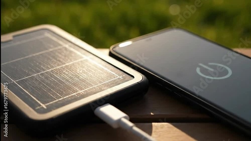 Solar phone charger charging smartphone outdoors in sunlight 4K renewable energy video