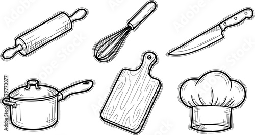 Kitchen cooking tools rolling pin whisk knife pot cutting board chef hat vector illustration 
