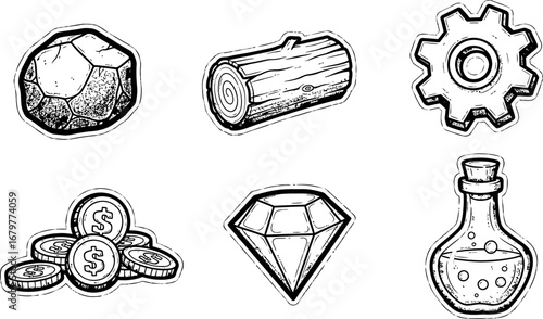 Hand Drawn Black and White Vintage Style Gems, Coins, Gear, Log, and Potion Bottle Vector Illustration 