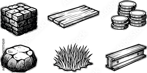 Construction materials set with bricks wood metal and grass vector illustration 