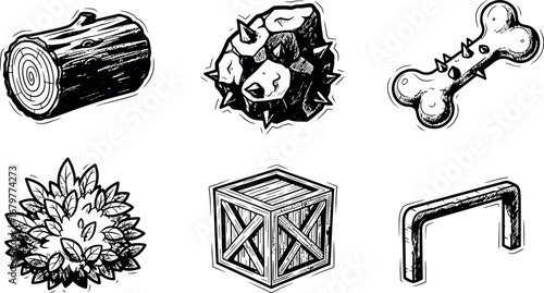 Hand-drawn rustic wood log spiked ball bone bush wooden crate and metal handle vector illustration 