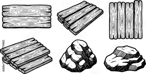 Wood Planks and Natural Rocks Vector Illustration in Black and White Style 