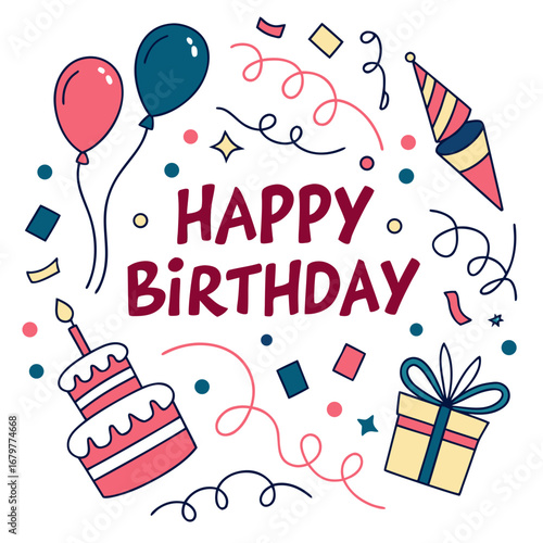 It captures the main elements (birthday, card, balloons, celebration) clearly and naturally
