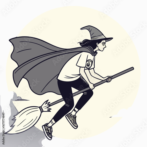 Witch flying on broom cartoon illustration