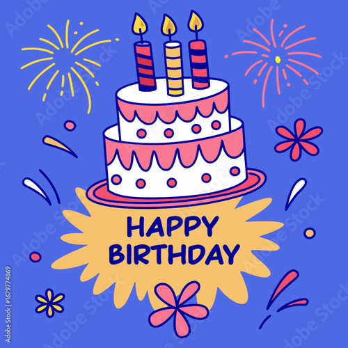 Happy birthday cake with candles and sweet dessert illustration for party celebration