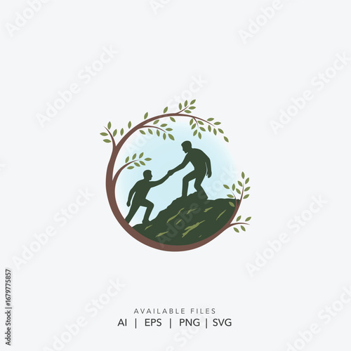 life coaching logo with nature and growth elements,Teamwork and helping hand eco-friendly emblem, Mentorship and personal development nature
