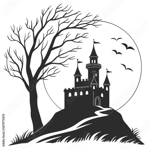Castle towers glowing under shattered moon silhouette
