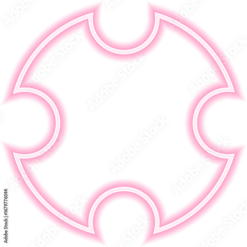 Neon outline shape of a circle with four circular concave sides.