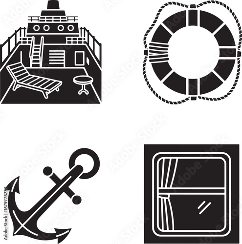 Cruise ship vector icons set featuring deck chair anchor lifebuoy and window for travel themed graphics