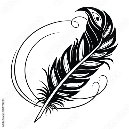Phoenix feather glowing in spiral arch silhouette