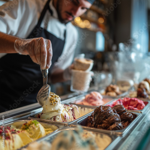 Artisan gelato with different flavors being served by vendor in modern ice cream shop.