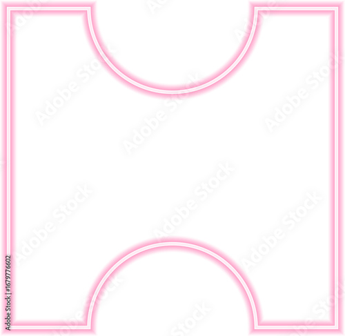 Square shape with a neon outline and two opposite sides with circular concave sections.