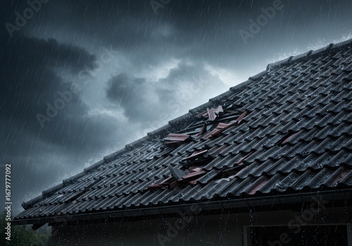 Damaged Roof in Storm Stormy Weather, Broken Tiles, Rain, Dark Clouds, Insurance, Weather Damage, Home Repair.