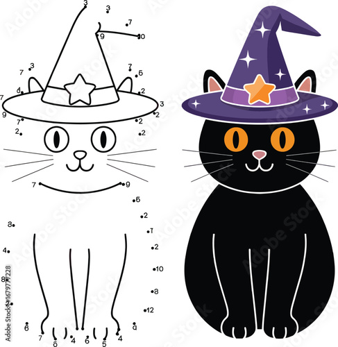 A black cat wearing a witch hat next to a dot to dot drawing of the same cat