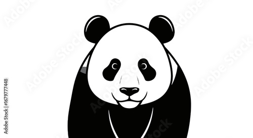 Illustration of a panda bear with black ears, eyes, and body markings on a white background looking forward on transparent background