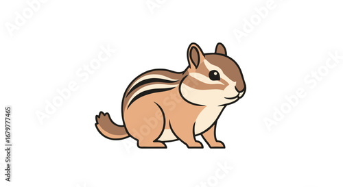Illustration of a cartoon chipmunk with brown and black stripes standing on a white background looking right on transparent background