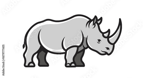 Illustration of a gray rhinoceros with a thick outline standing on a white background in a cartoon style on transparent background