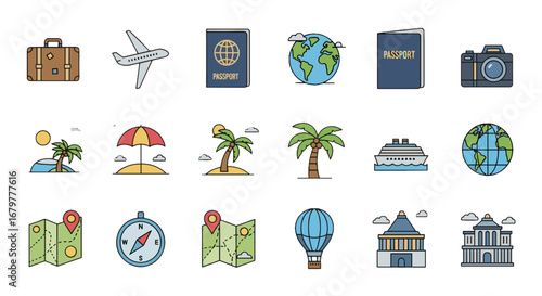 Illustration of travel themed icons including passports, maps, globes, and various modes of transportation on transparent background