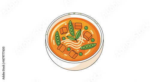 A bowl of orange soup with tofu cubes, peas, and noodles, garnished with green leaves in a white bowl on transparent background