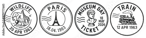 Vintage travel-themed stamp designs