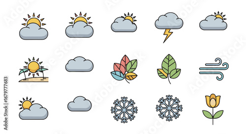 Illustration of weather icons including sun, clouds, lightning, wind, leaves, snowflakes, and a flower on transparent background