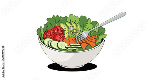 Illustration of a salad bowl with lettuce tomatoes cucumbers avocado carrots and a fork on a white background on transparent background