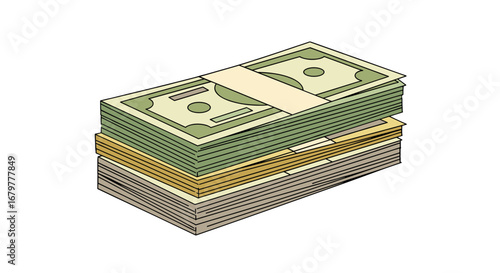 Illustration of three stacks of money with a band around the top stack of green colored bills on transparent background