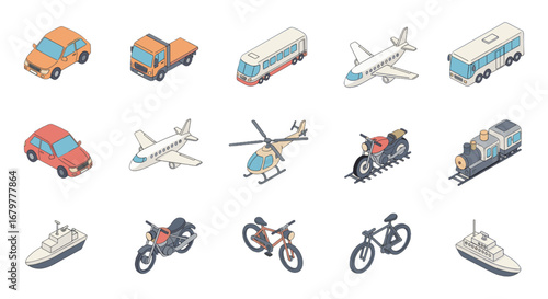 Isometric illustration of various transportation modes including cars trucks buses airplanes helicopters and boats on transparent background
