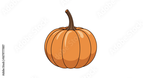Illustration of a single orange pumpkin with a brown stem on a white background in cartoon style on transparent background
