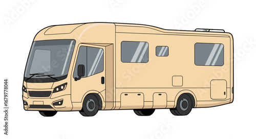 Illustration of a beige recreational vehicle with black outlines and visible windows and wheels on a white background on transparent background