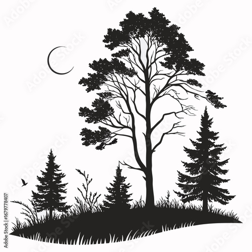 Moon shining through neon forest silhouette