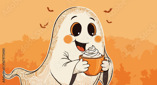 Playful drawing of a ghost sipping pumpkin spice latte