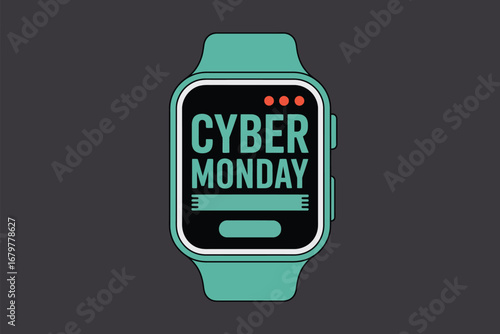 A turquoise smartwatch displaying cyber monday on the screen against a dark gray background illustration