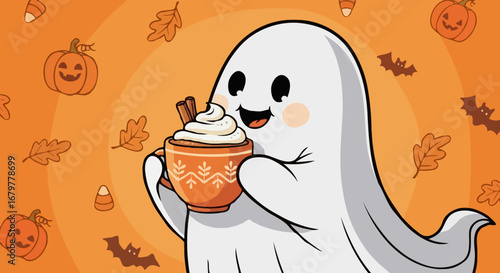 Playful drawing of a ghost sipping pumpkin spice latte