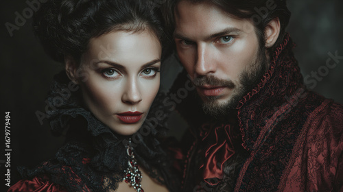 Portrait of a beautiful couple in medieval costumes with a vampire