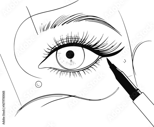 Hand-drawn line art eye with eyeliner pen, abstract minimal cosmetic vector 1