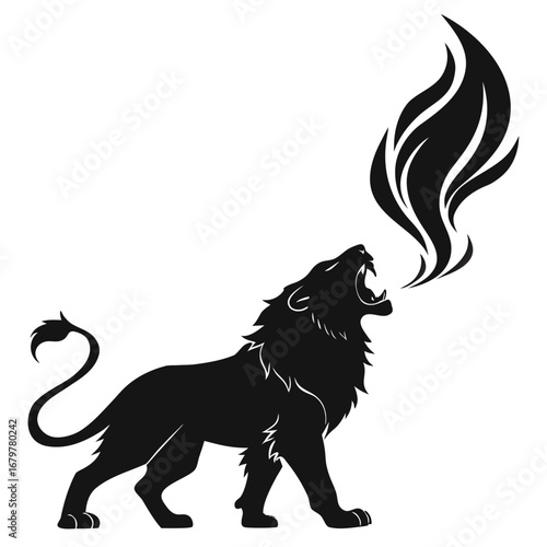 Lion roaring under spiral flame silhouette