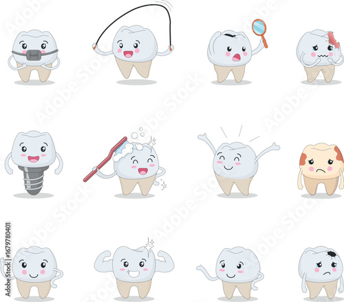 Funny cartoon teeth characters showing dental care, treatment, braces, implant, cavities and different emotions. Perfect for dentistry, oral health, adults' and kids’ education.