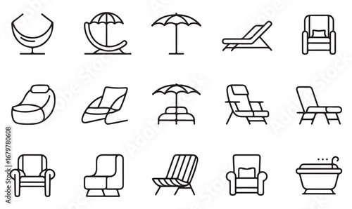 Outdoor leisure and furniture icons set with hammock, umbrellas, sunbeds, bean bag and spa tub in minimalist black outline style