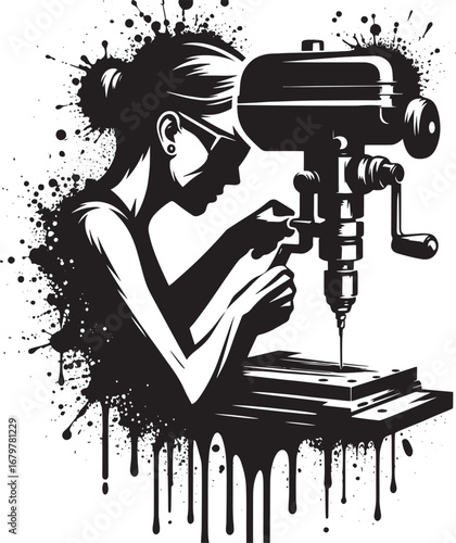 Silhouette of a Woman Operating a Drill Press with Abstract Splatter Background