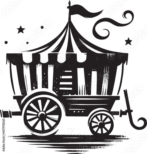 Elegant circus wagon rendered with sumi-e flair; evokes whimsica