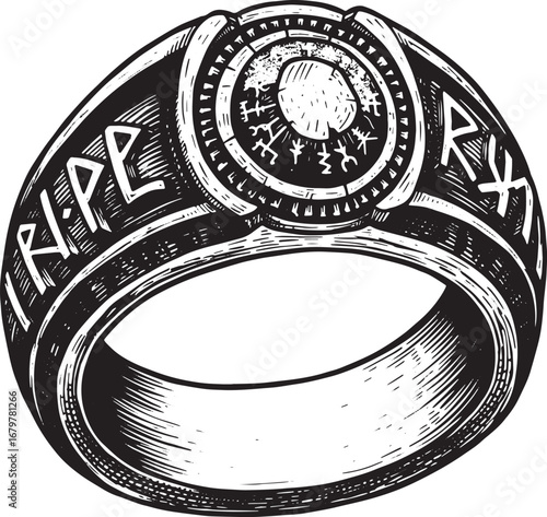 Mystic ring illustration with intricate runic engraving and deta