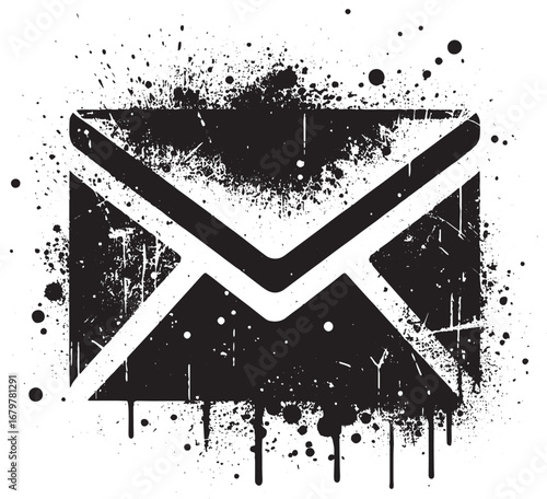 Grungy Black and White Email Icon with Ink Splatter and Grunge Texture for Communication