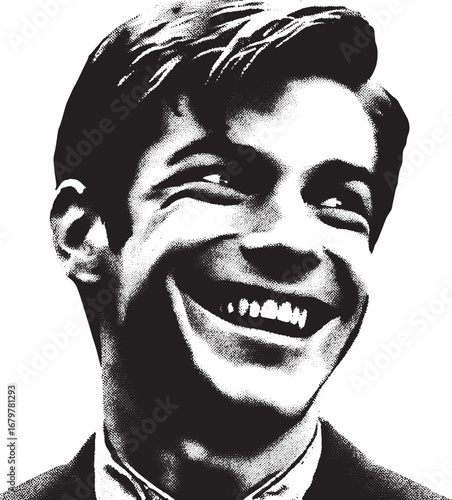 Smiling man's black and white portrait, expressing happiness and joy with a great smile