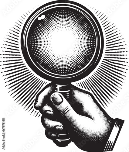 Vintage Illustration of a Hand Holding a Magnifying Glass with Light Rays around it